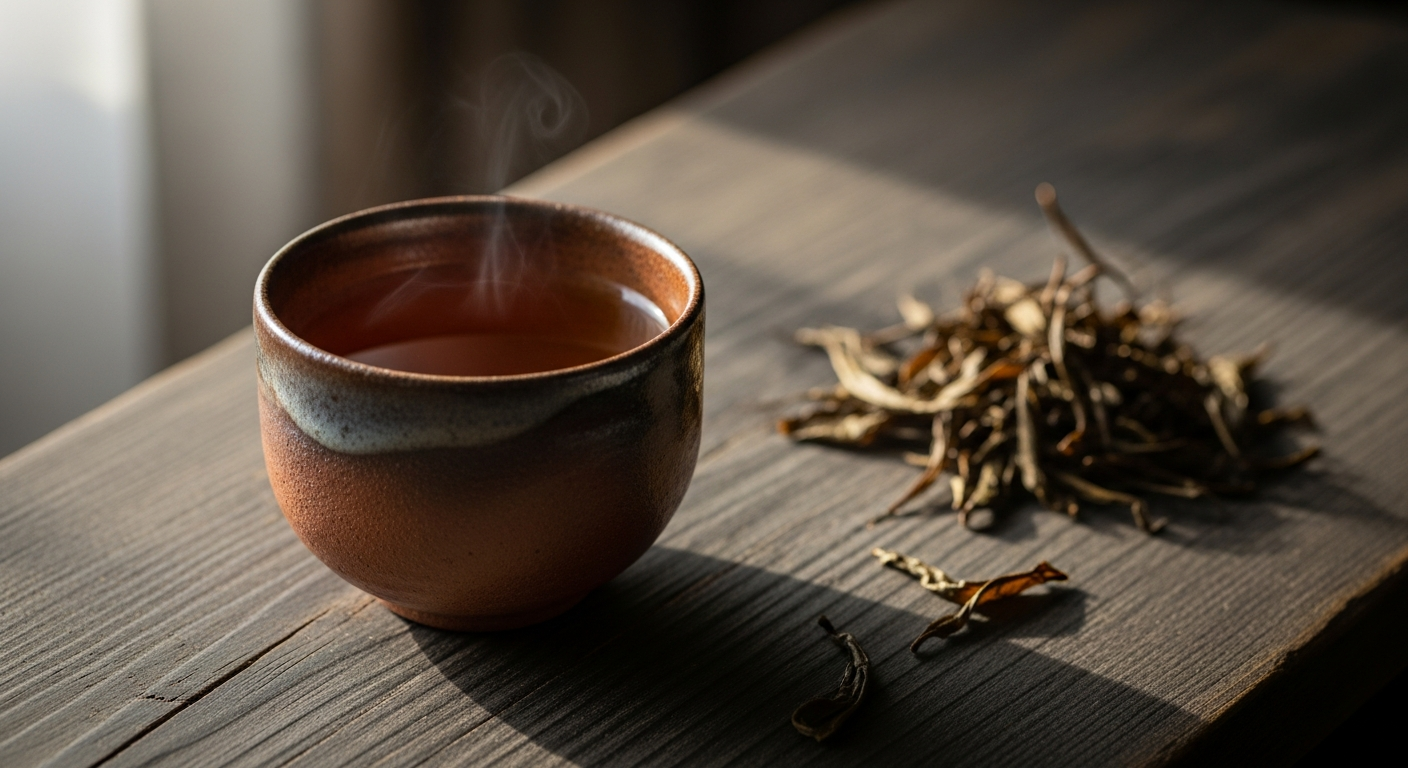 A ceramic cup of roasted Japanese green tea (Hojicha) with warm amber liquid on a dark wooden table, dried roasted tea leaves scattered nearby