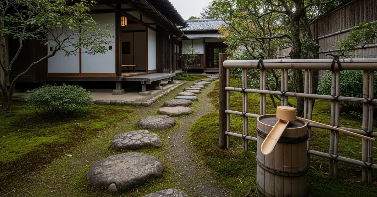 Traditional Japanese tea ceremony setting with roji garden path and rustic tea house