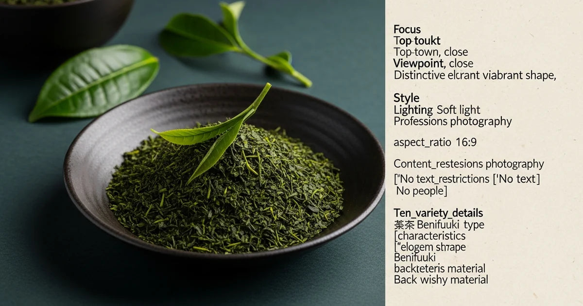 Benifuuki green tea leaves with distinctive elongated shape in natural light