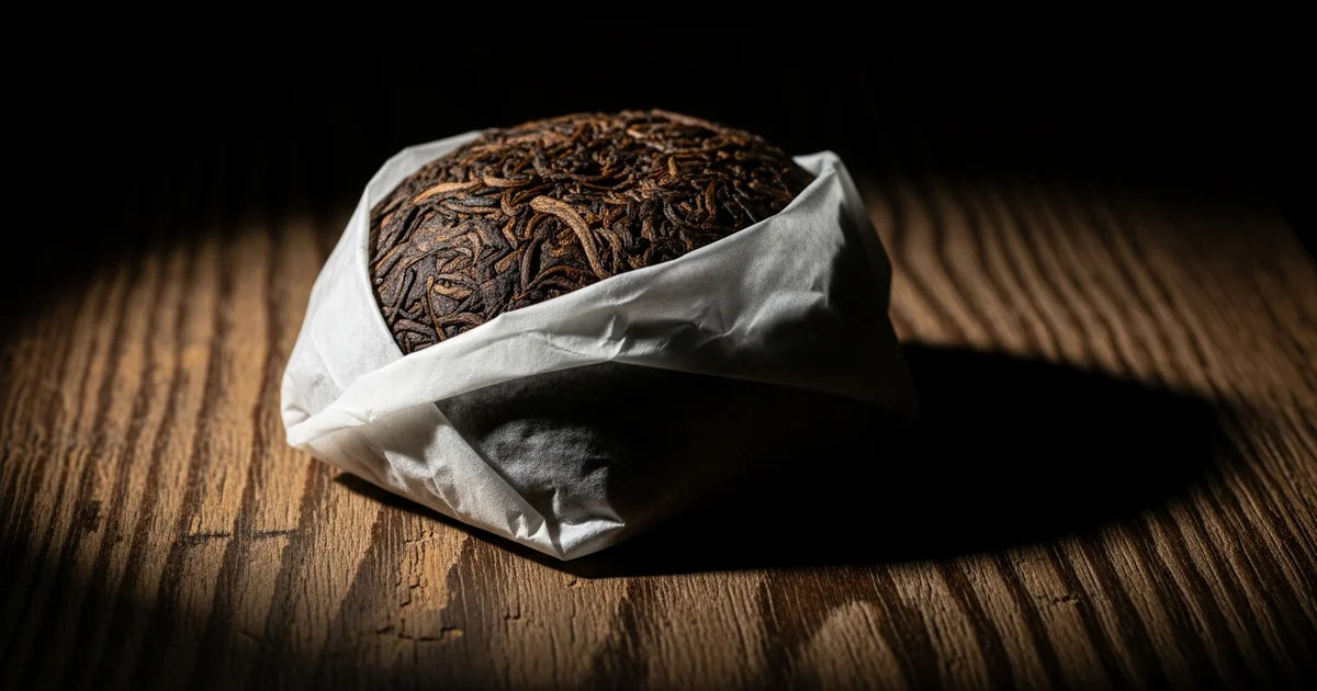 Dark fermented tea pu-erh cake wrapped in paper on a wooden surface