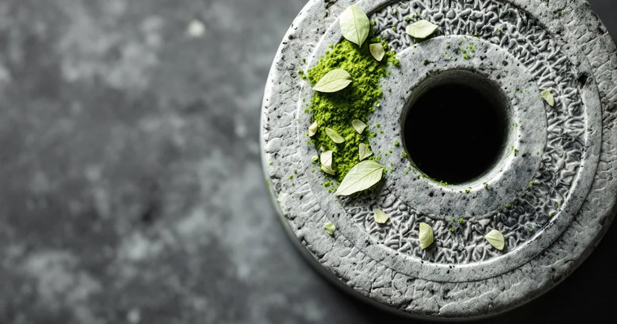 Stone matcha grinding wheel with flat tencha leaf fragments and bright green matcha powder on the surface