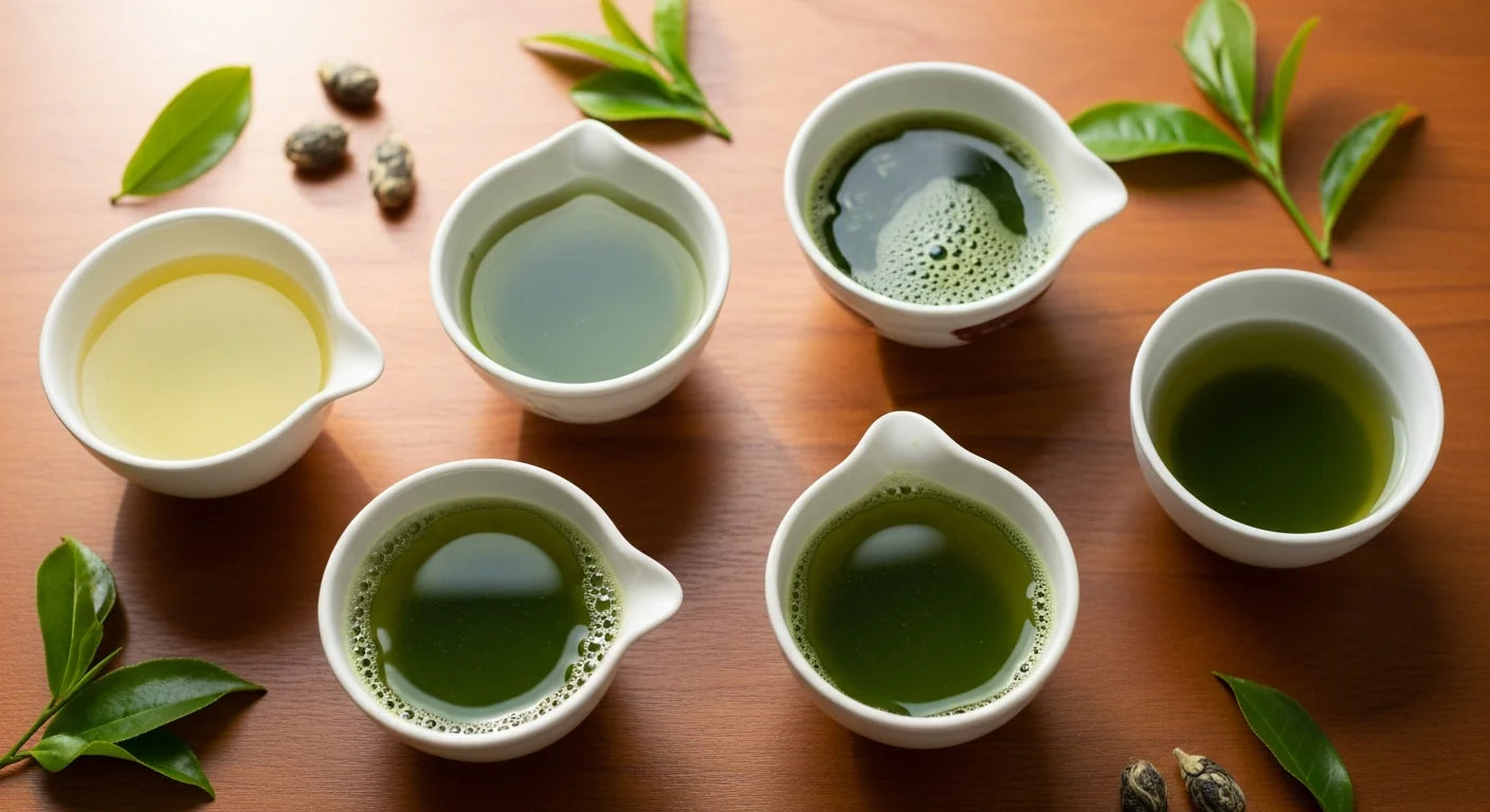 Multiple Japanese tea cups with different shades of green tea on a wooden surface