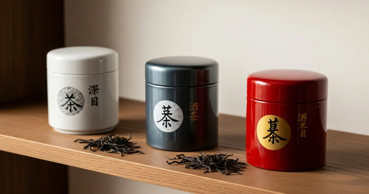 Japanese tea storage containers with airtight lids and tea leaves on wooden shelf