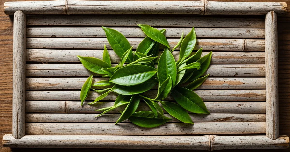 Fresh green tea leaves spread on a bamboo tray in natural daylight, Japanese tea farm
