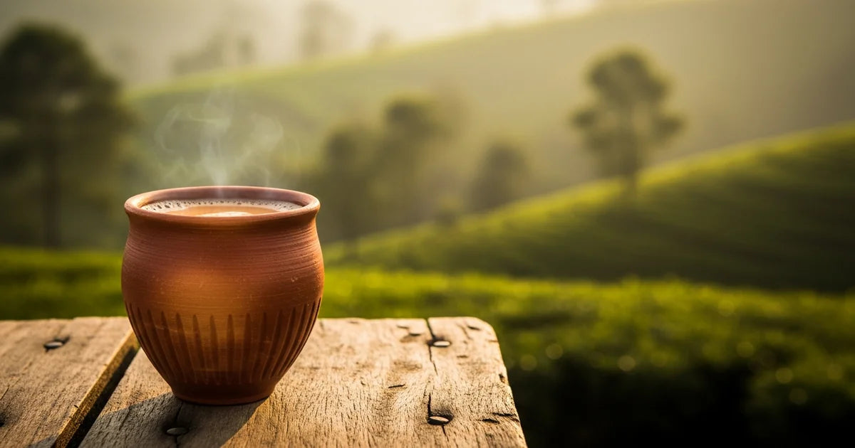 Indian chai tea in a traditional clay cup with Assam tea garden landscape