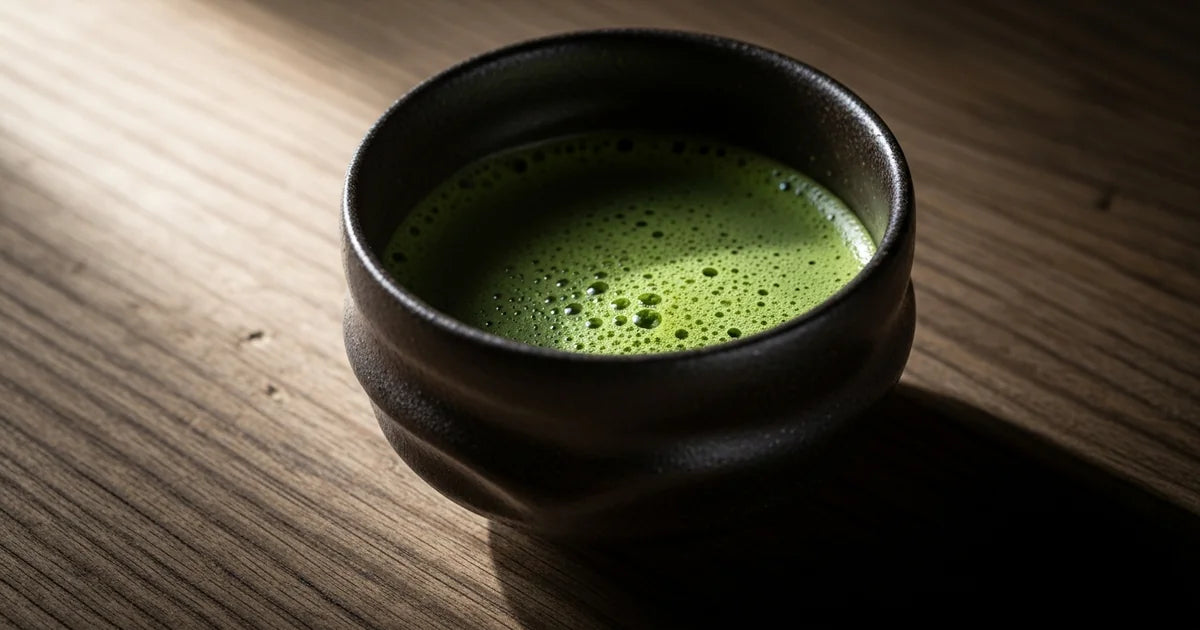 Wabi-cha tea ceremony elements with rustic ceramic bowl and matcha powder