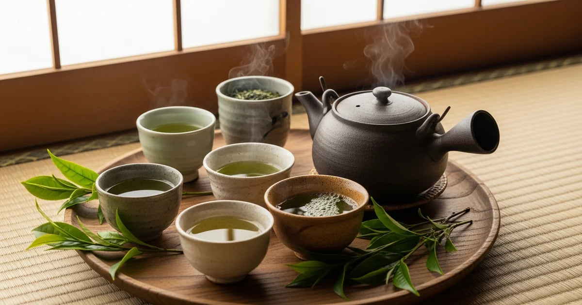Sencha brewing scene with kyusu teapot commemorating the inventor of sencha processing