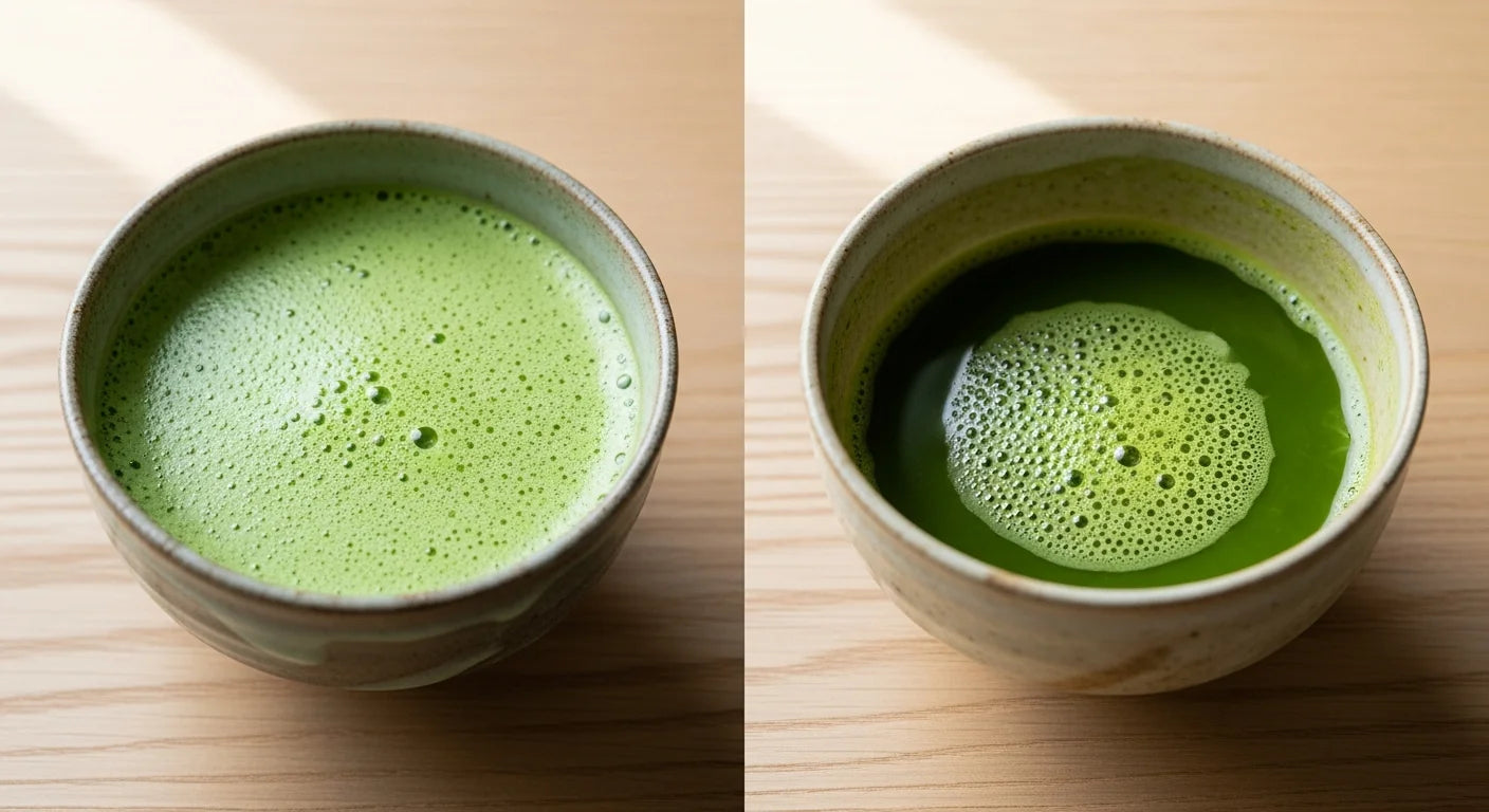 Two bowls of matcha side by side comparing Japanese and Chinese matcha quality