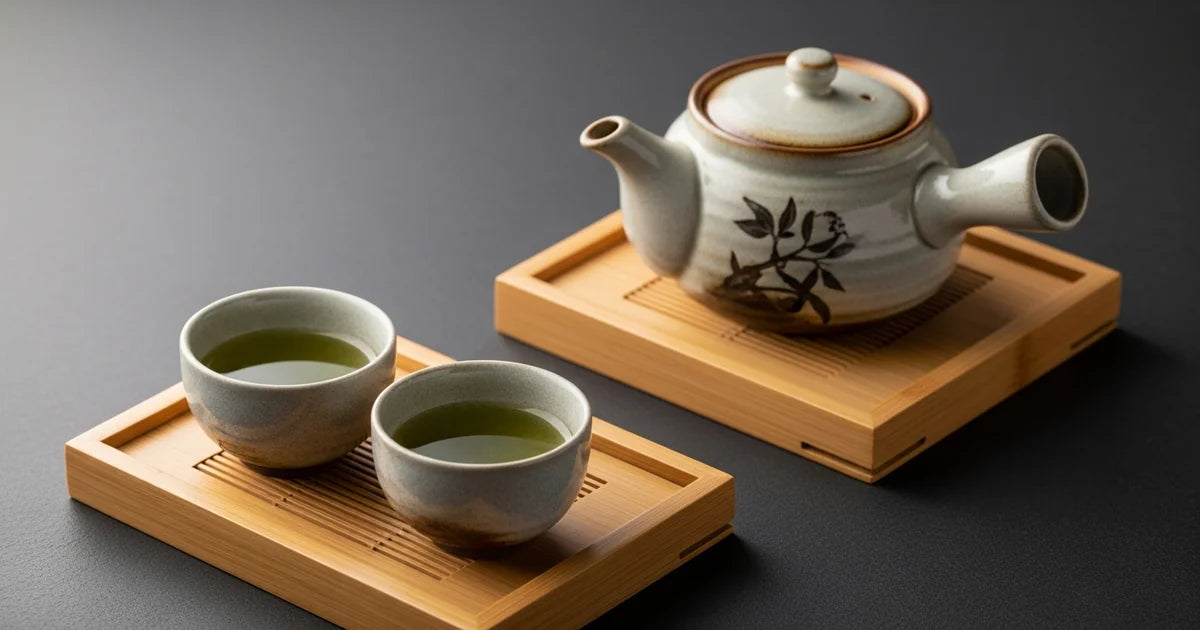 Gyokuro brewing setup with small ceramic kyusu teapot and cups at low temperature