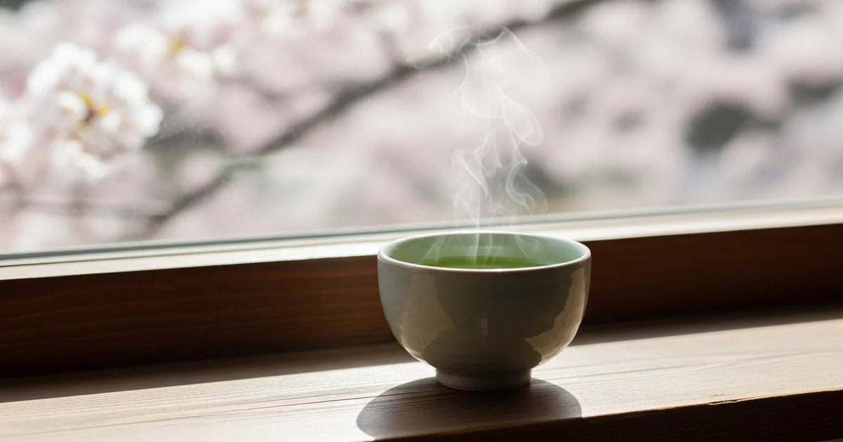 Japanese benifuuki green tea in a cup on a spring background with soft natural light