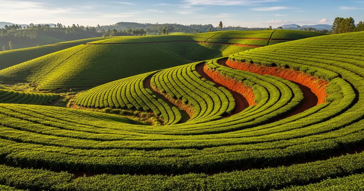 Kenyan tea plantation rows on rolling hills in morning light with red clay soil