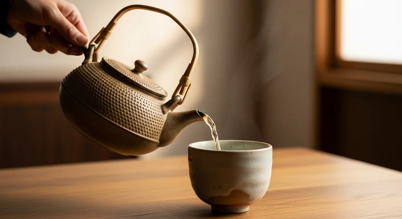 Japanese clay kyusu teapot pouring pale green sencha into a small ceramic cup on a wooden table