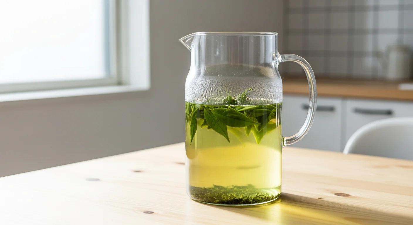Glass pitcher of pale green cold brew tea with loose tea leaves on a light wooden table in morning light