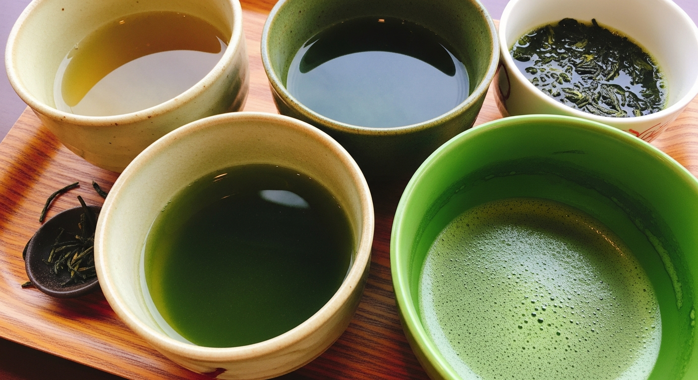 Several Japanese ceramic cups with different shades of green tea side by side, showing the variety from pale Sencha to deep Gyokuro to bright Matcha