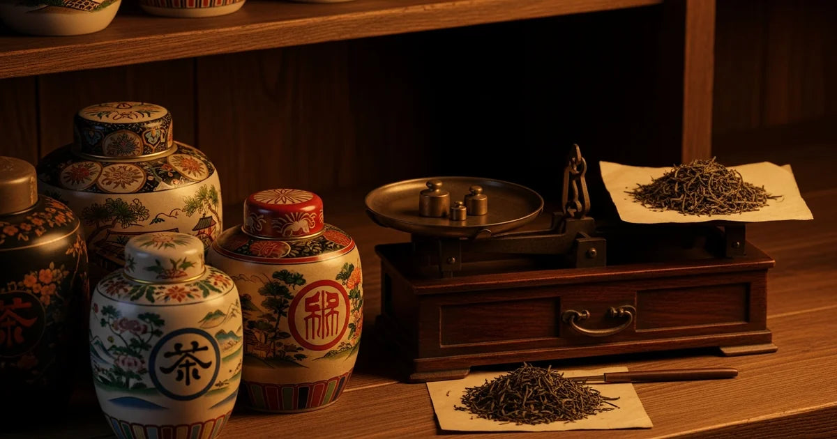 Japanese tea trade scene with tea canisters and merchant tools on wooden surface