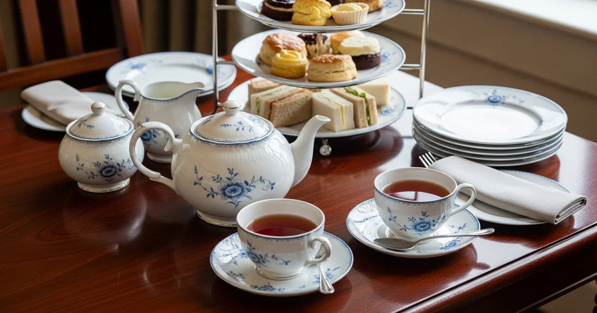 Victorian era English tea set with porcelain cups and saucers on a wooden table