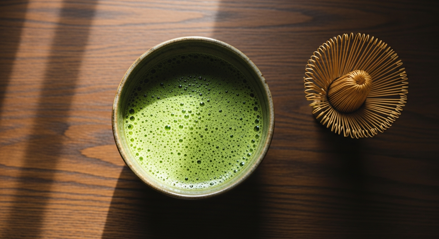 Overhead view of a freshly whisked bowl of matcha with fine green foam and a bamboo chasen on a wooden surface