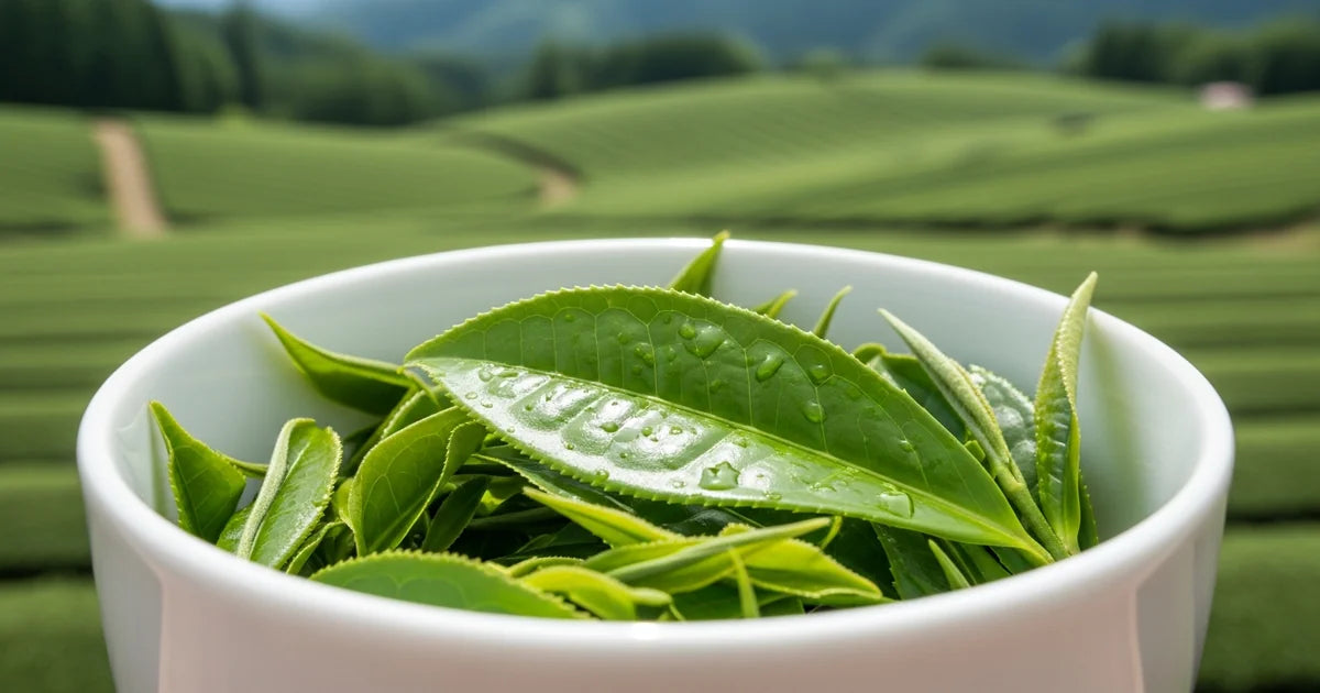 Kohshun tea cultivar leaves from Shizuoka prefecture with distinctive aroma in natural light