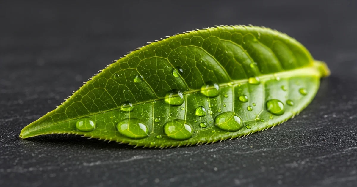 Green tea leaf cross-section showing catechins and theanine compounds, scientific style