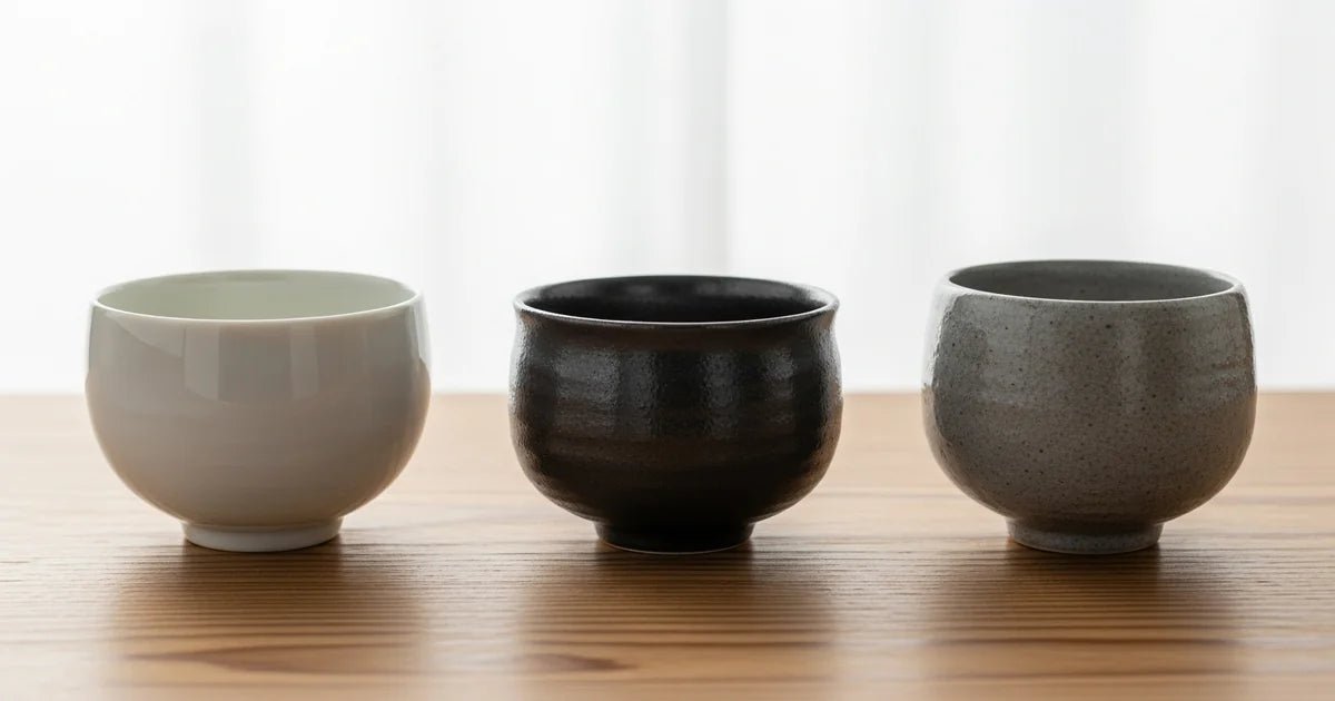 Collection of Japanese teaware in porcelain pottery and stoneware on wooden surface
