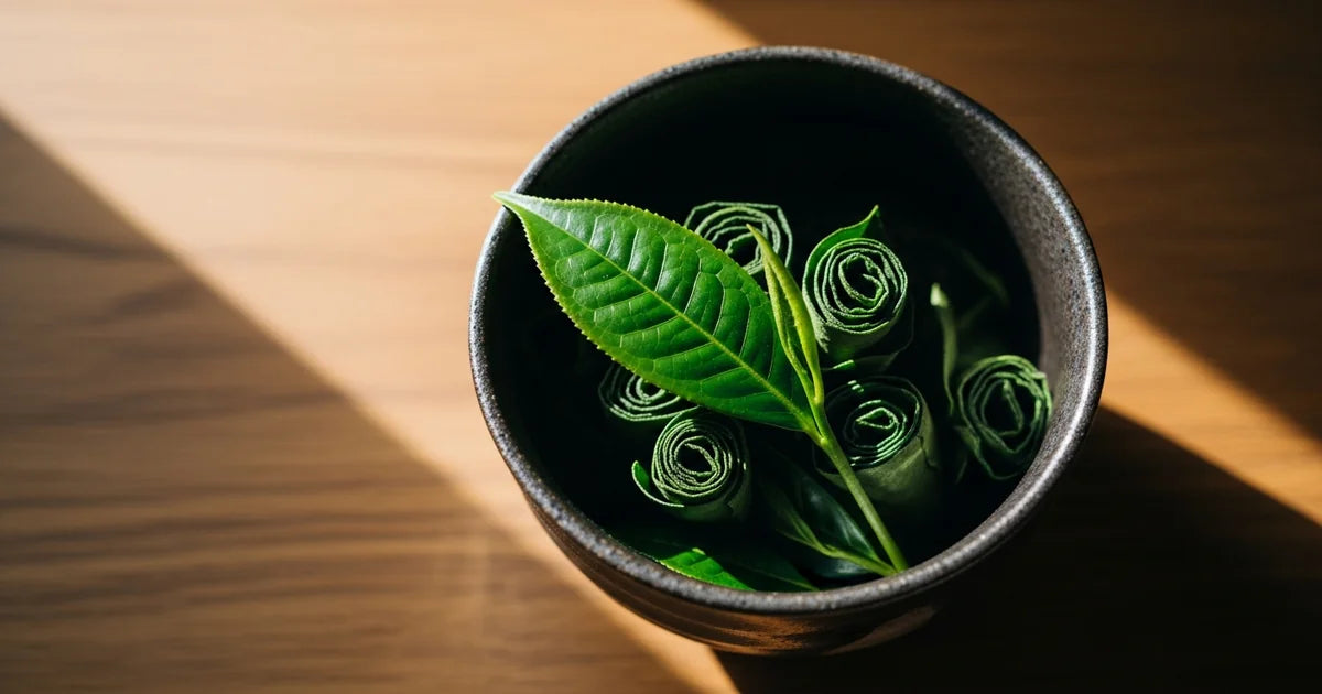 Gyokuro green tea leaves with deep green color in a small ceramic bowl, soft light