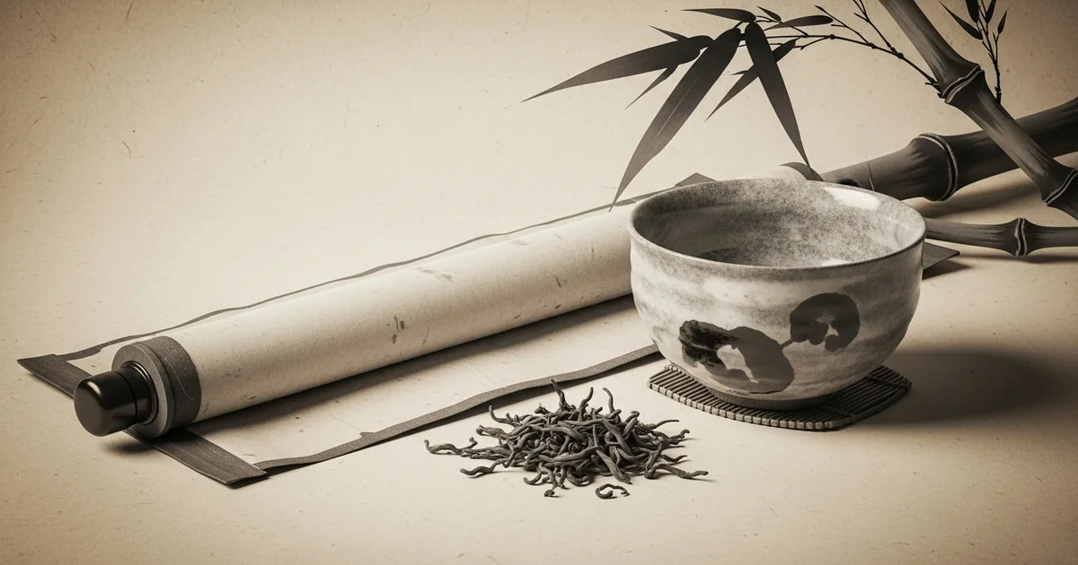 Traditional Japanese ink painting style scene of a Zen monk with tea scroll and garden