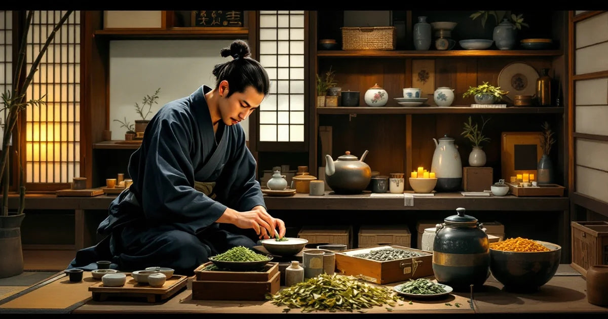 Edo period Japanese tea shop with sencha leaf canisters on wooden shelves