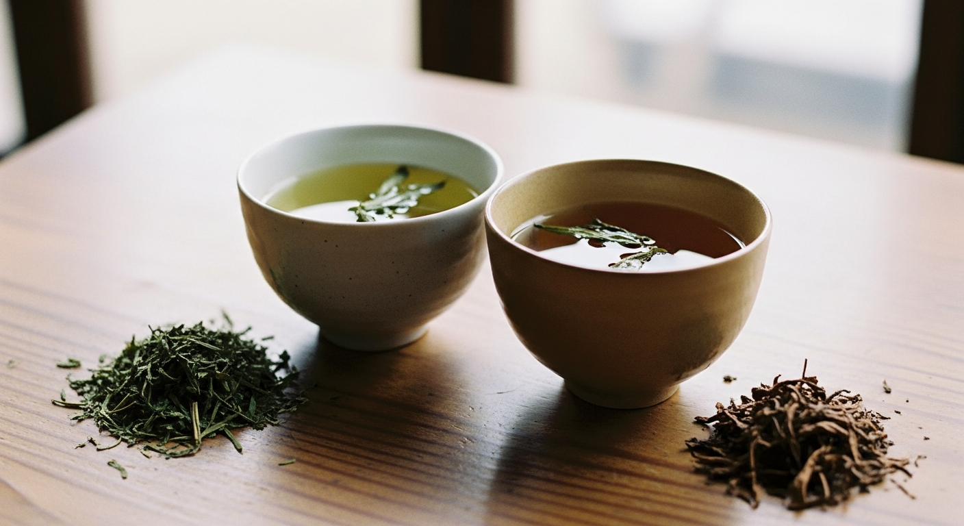 Two cups of Japanese tea side by side — pale green bancha and warm amber hojicha with loose tea leaves