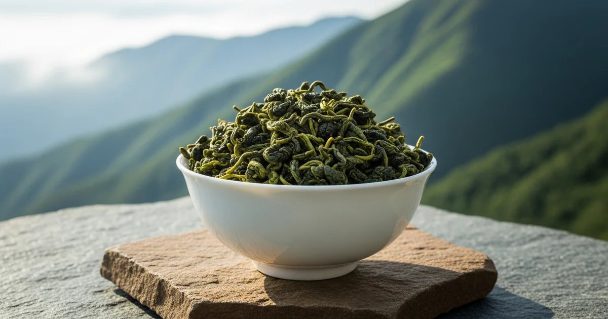 Taiwanese high mountain oolong tea leaves in a white ceramic bowl with mountain background
