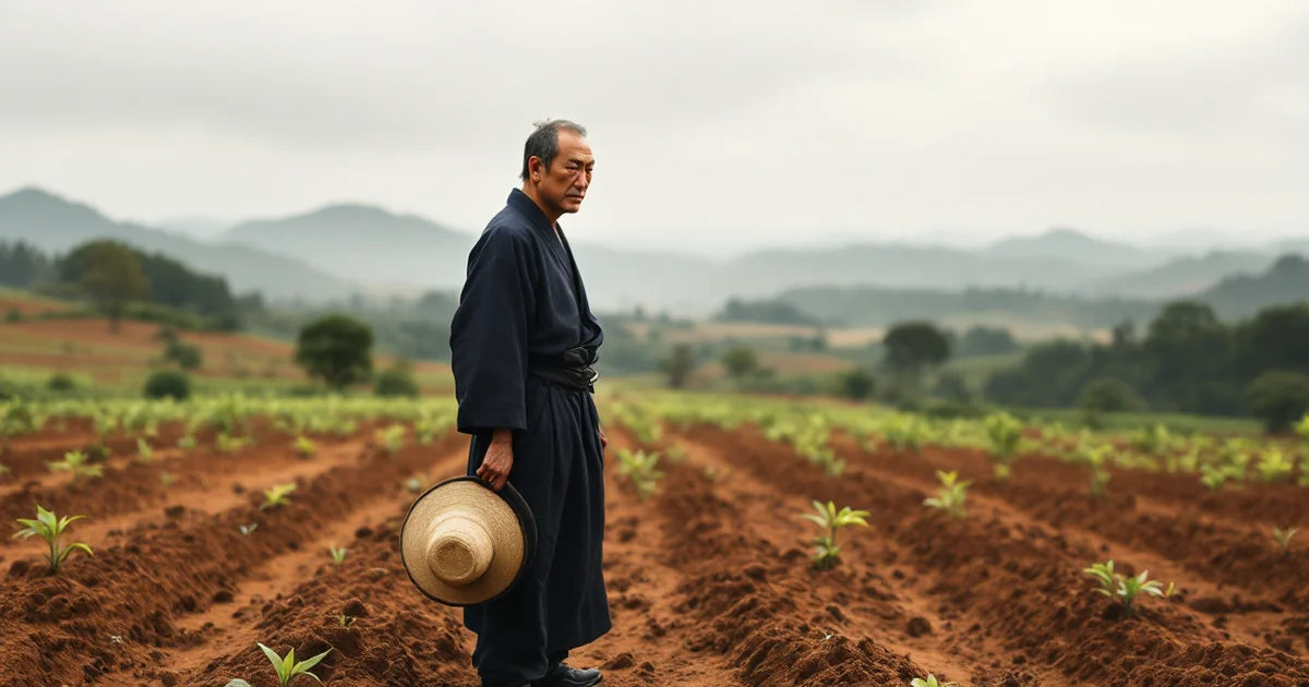 Meiji-era former samurai turned tea pioneer in haori jacket standing on the newly cleared Makinohara plateau, evoking Chujo Kageaki